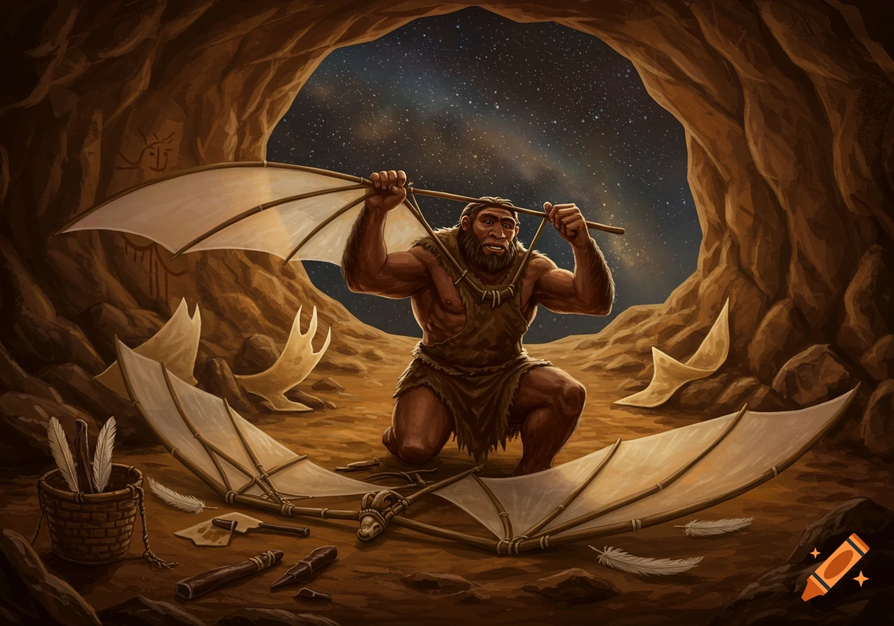 A Neanderthal man kneels in a cave, holding an ornithopter frame, with tools and wings scattered around him and a starry night sky visible outside.