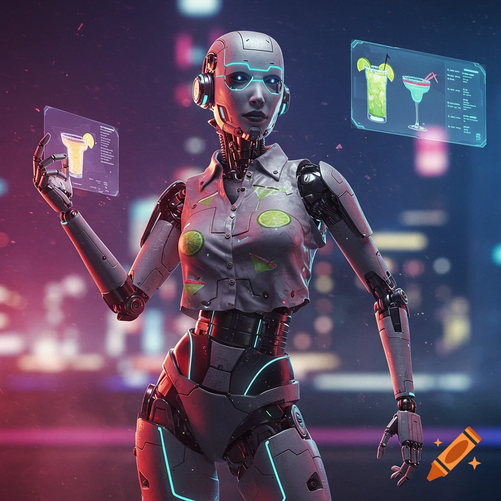 A futuristic robot bartender in a cropped shirt with lime patterns holds a holographic menu, with other drink menus floating nearby in a neon cityscape.