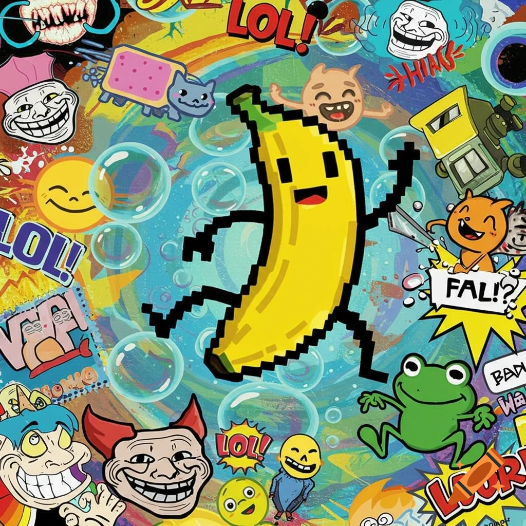 A vibrant, busy collage of 2000s internet memes, featuring a pixelated dancing banana, Trollface, Nyan Cat, and various colorful text bubbles with stylized, often nonsensical words.