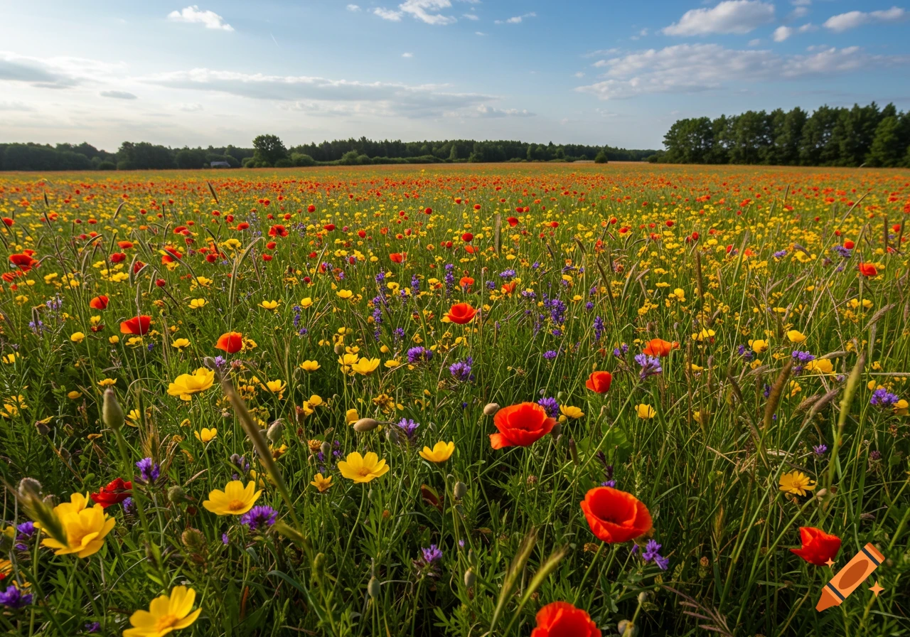 A vast field of red, yellow, and purple wildflowers under a bright blue sky with scattered clouds and a distant tree line.