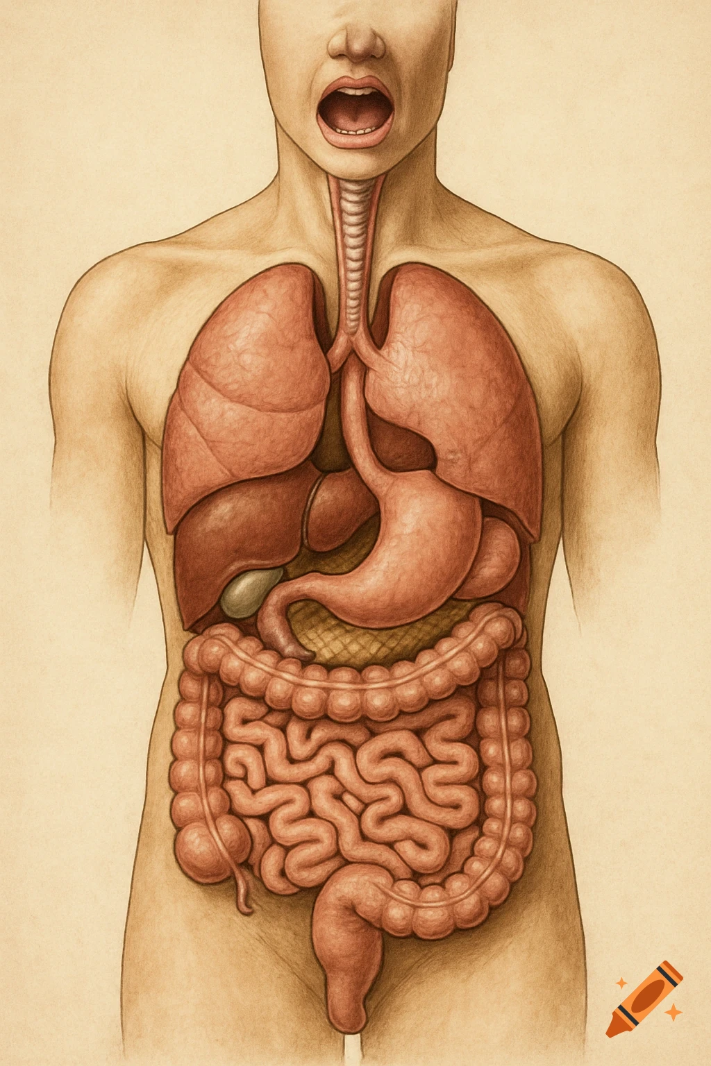 An anatomical illustration of the human torso, highlighting internal organs such as lungs, liver, stomach, and intestines.