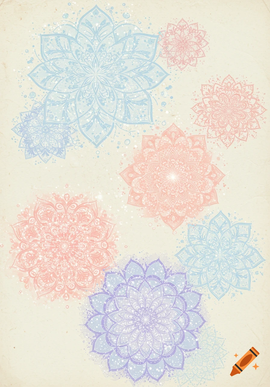 Pastel blue, pink, and purple mandalas with intricate patterns on a textured light beige background.