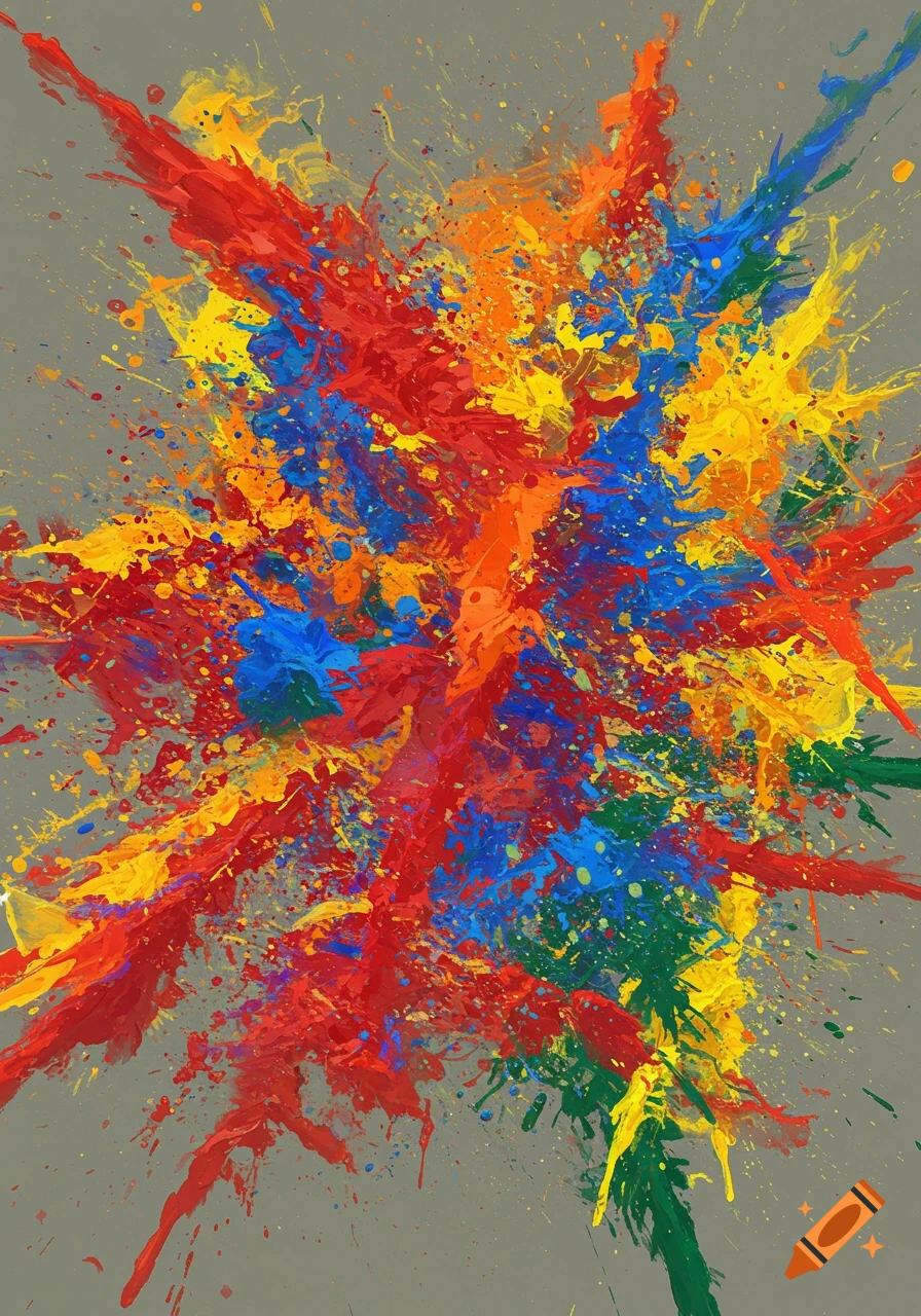 A vibrant abstract painting featuring chaotic splashes of red, orange, yellow, blue, and green paint on a gray background.