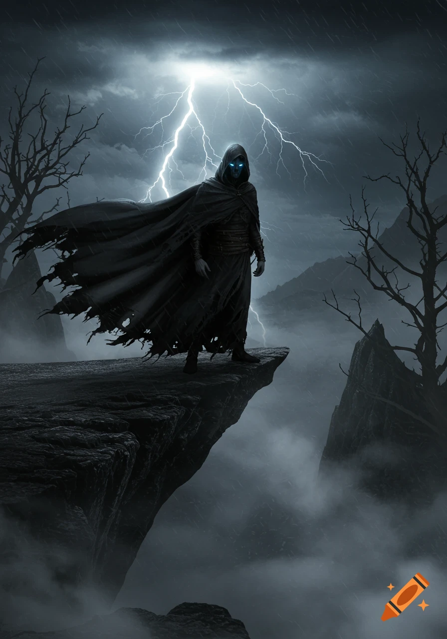 A dark cloaked figure with glowing blue eyes stands on a cliff under a stormy sky with lightning, overlooking a foggy landscape.