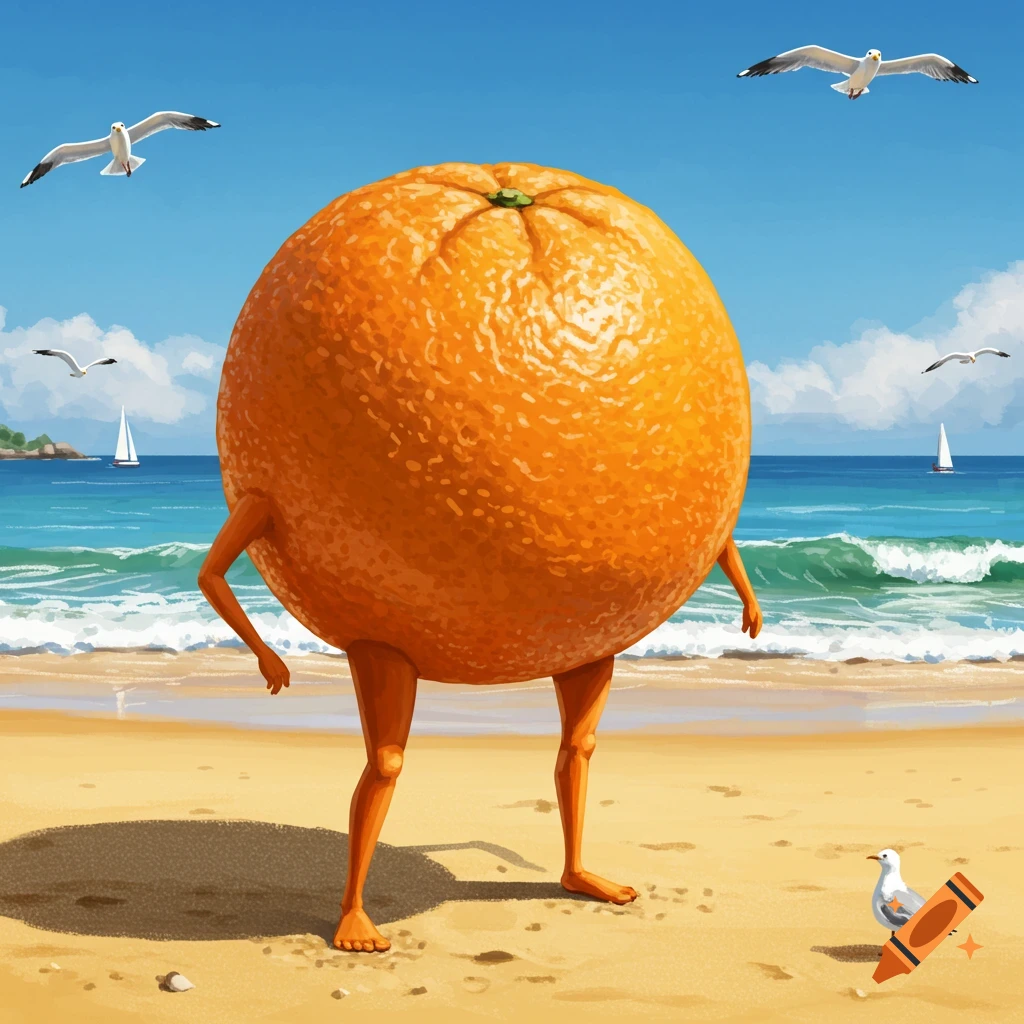 An anthropomorphic orange with human-like arms and legs stands on a sandy beach with seagulls and sailboats in the background.