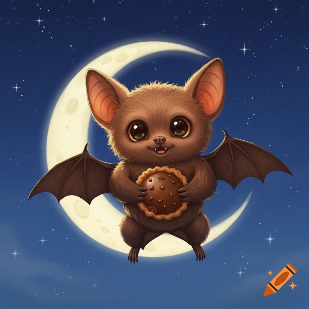 A cute cartoon bat holds a chocolate moon pie, flying in front of a bright crescent moon and starry night sky.