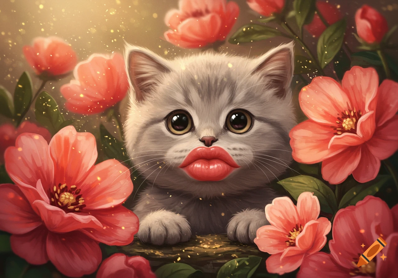 A cute gray kitten with large red lips peeks through vibrant pink flowers with golden sparkles in a dreamy art style.