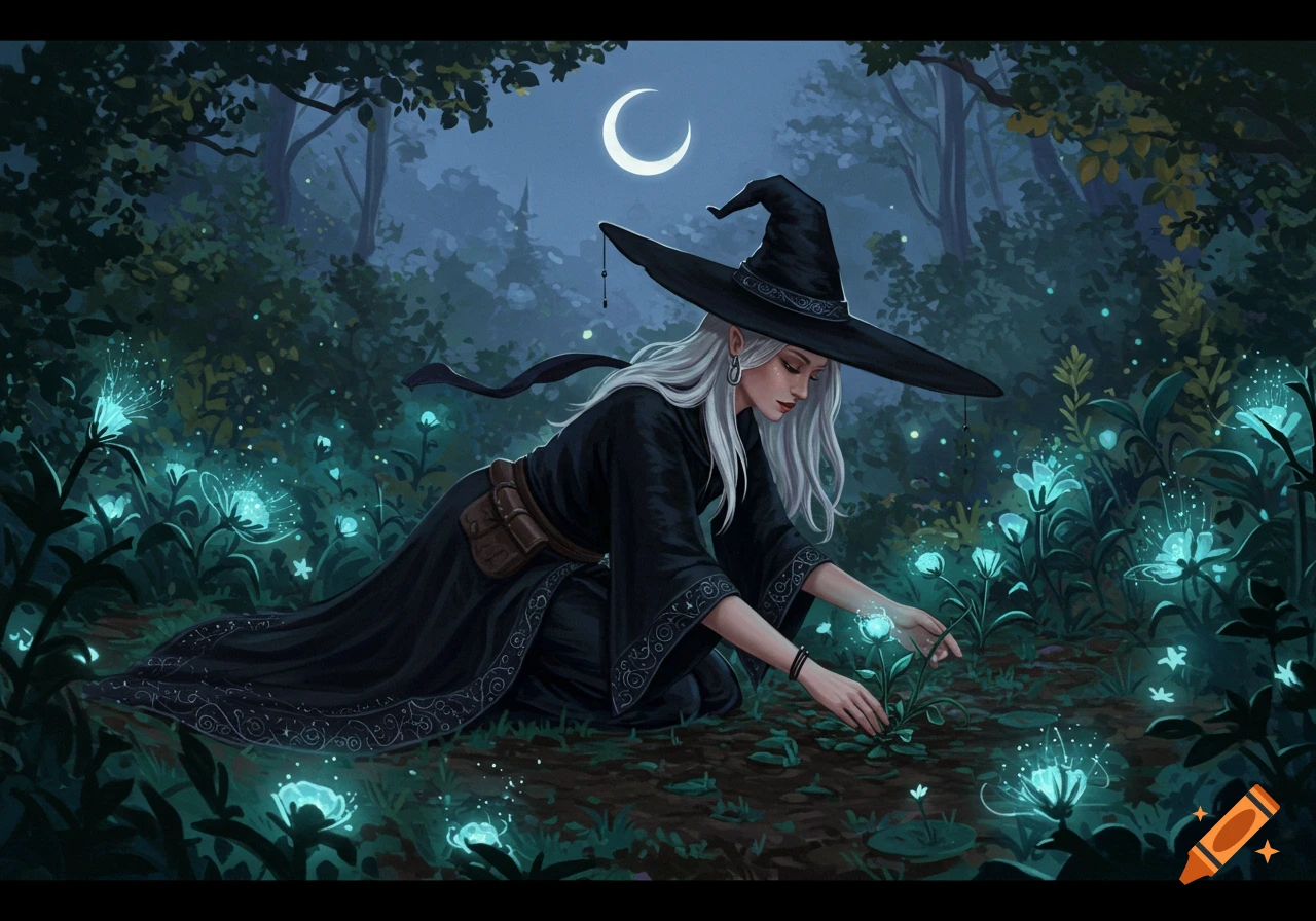 A white-haired witch in a black hat and robe tends to glowing teal flowers in a dark, moonlit forest, in a fantasy art style.