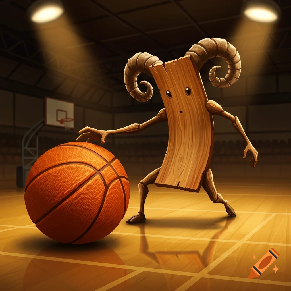 A cartoon wooden plank character with ram horns dribbles a basketball on a brightly lit court.
