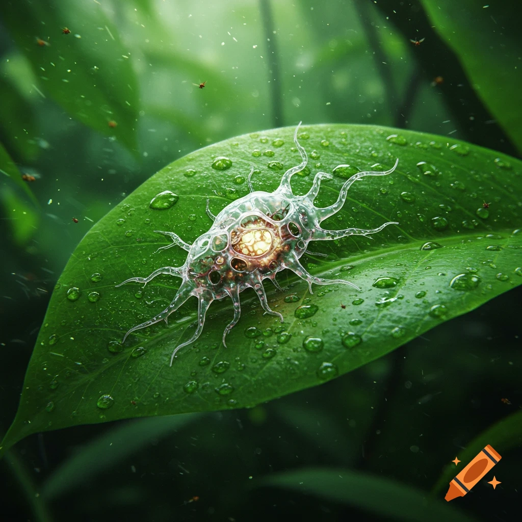 A detailed, photorealistic close-up of a translucent, tentacled microorganism with a glowing core resting on a green leaf covered in water droplets.