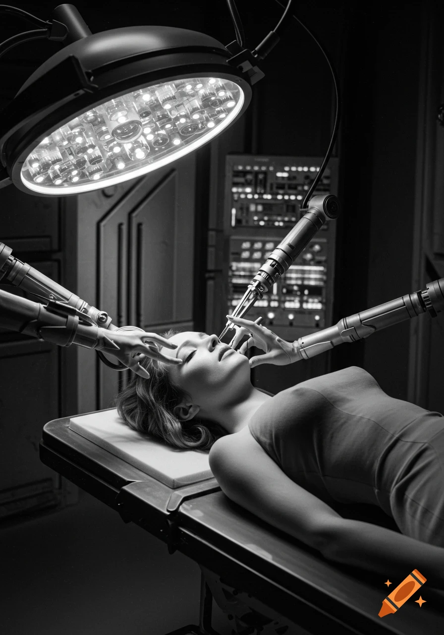 A woman on an operating table receiving cosmetic procedures from robotic arms in a black and white film noir sci-fi setting.