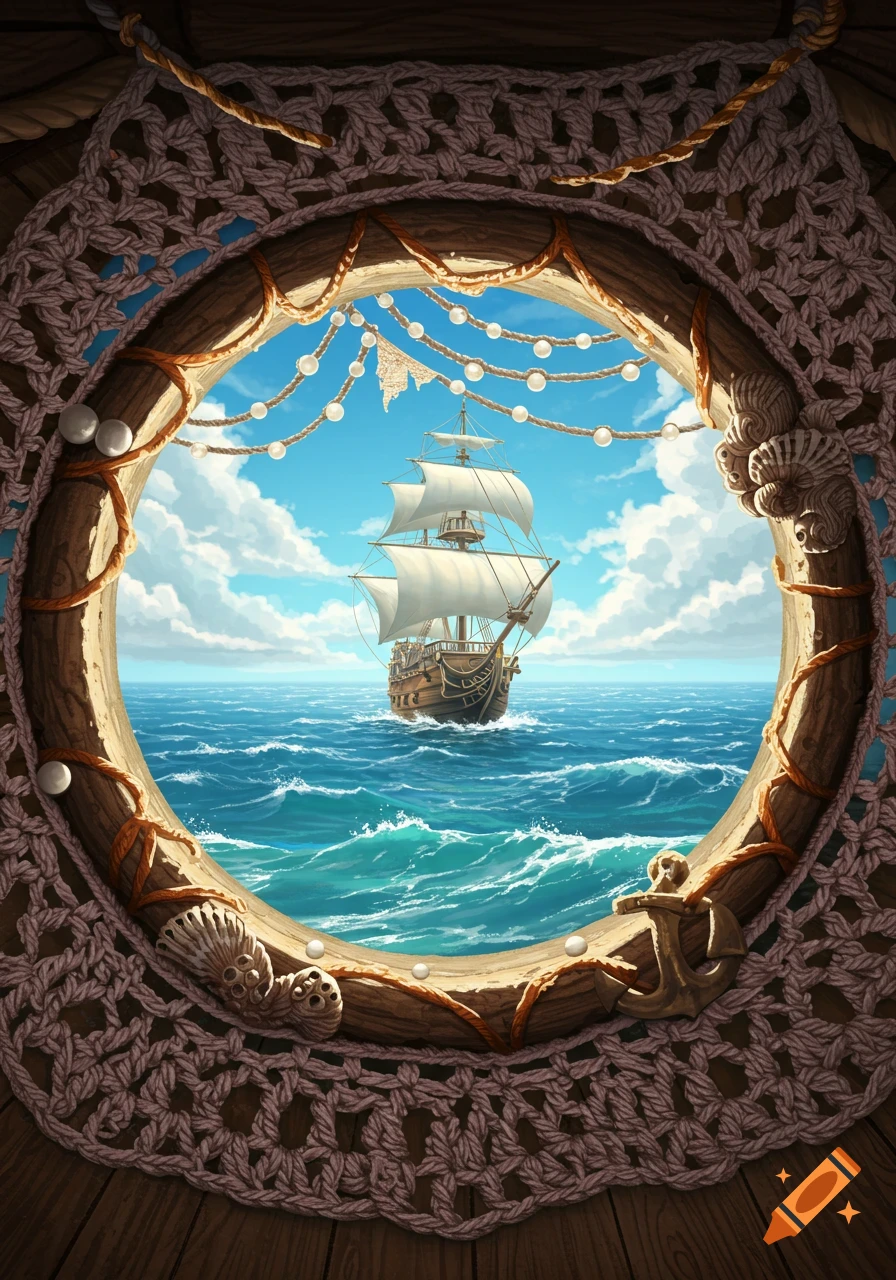 A pirate ship on a blue ocean and cloudy sky, viewed through a circular wooden porthole framed by intricate crochet and pearls.
