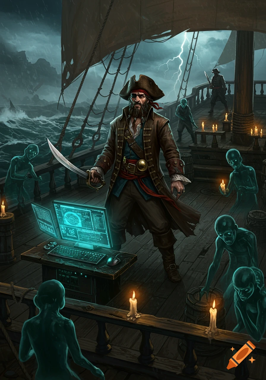 A pirate with a sword stands on a ship's deck during a stormy night, surrounded by glowing ghostly figures and an illuminated computer system.