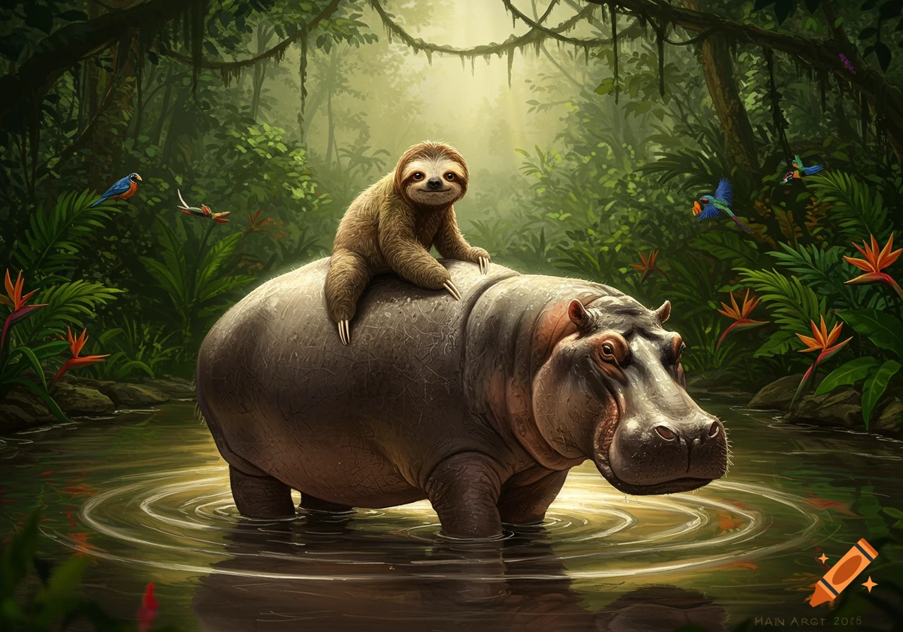 A cute sloth rides a large hippo standing in a jungle river, surrounded by lush greenery and exotic birds.