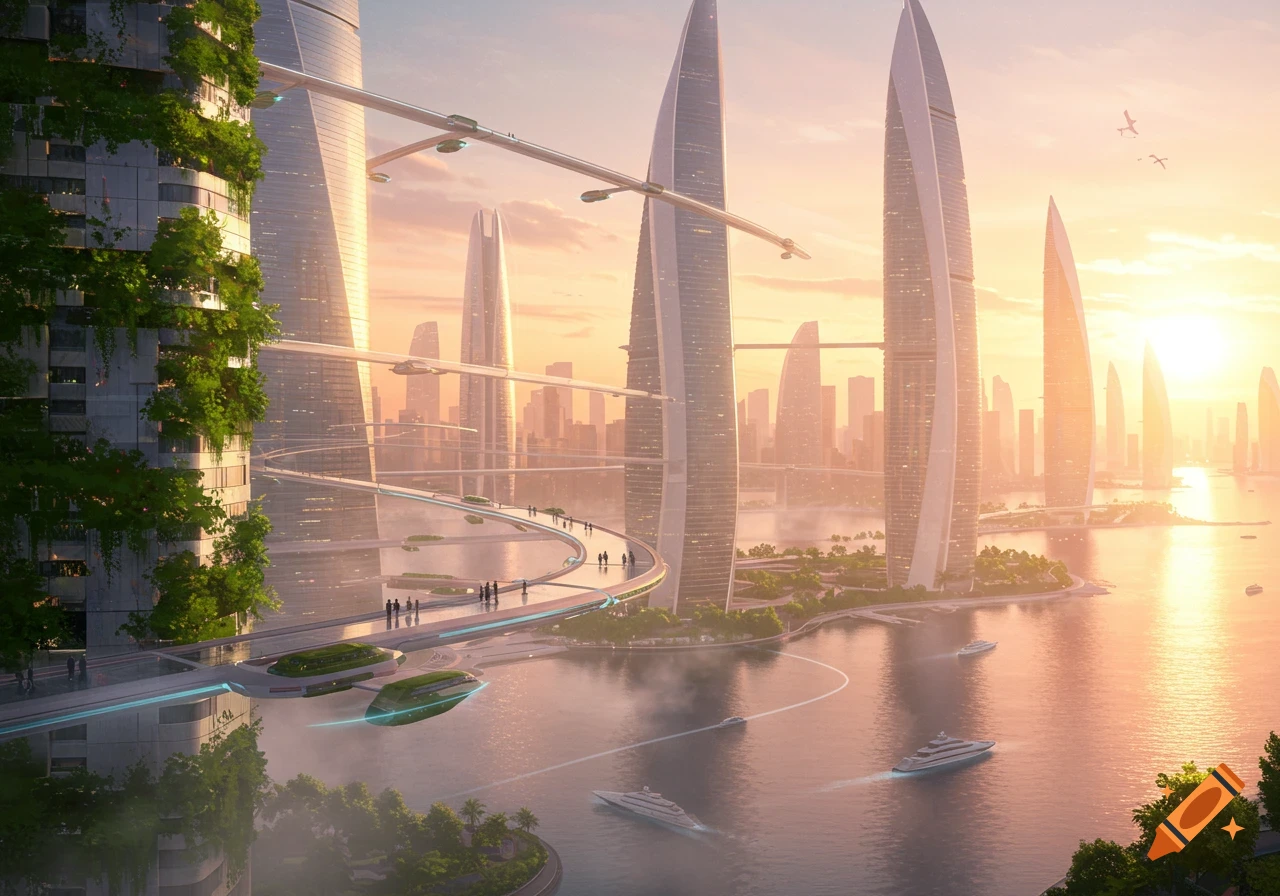 A photorealistic futuristic cityscape at sunrise, with tall, sleek buildings, elevated pathways, and boats on a river.