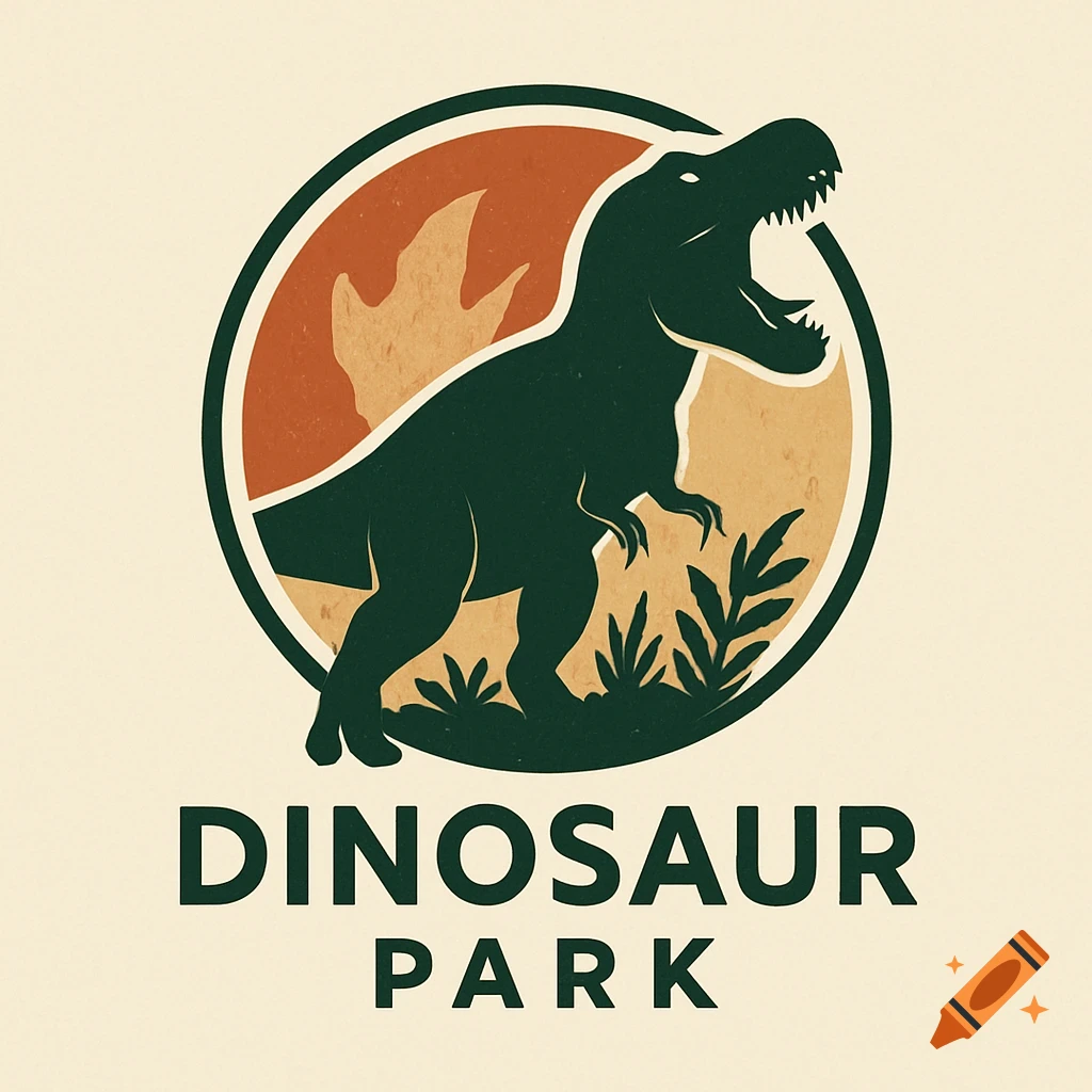 A vintage-style logo for 'Dinosaur Park' featuring a T-Rex silhouette in a circular frame with text below.