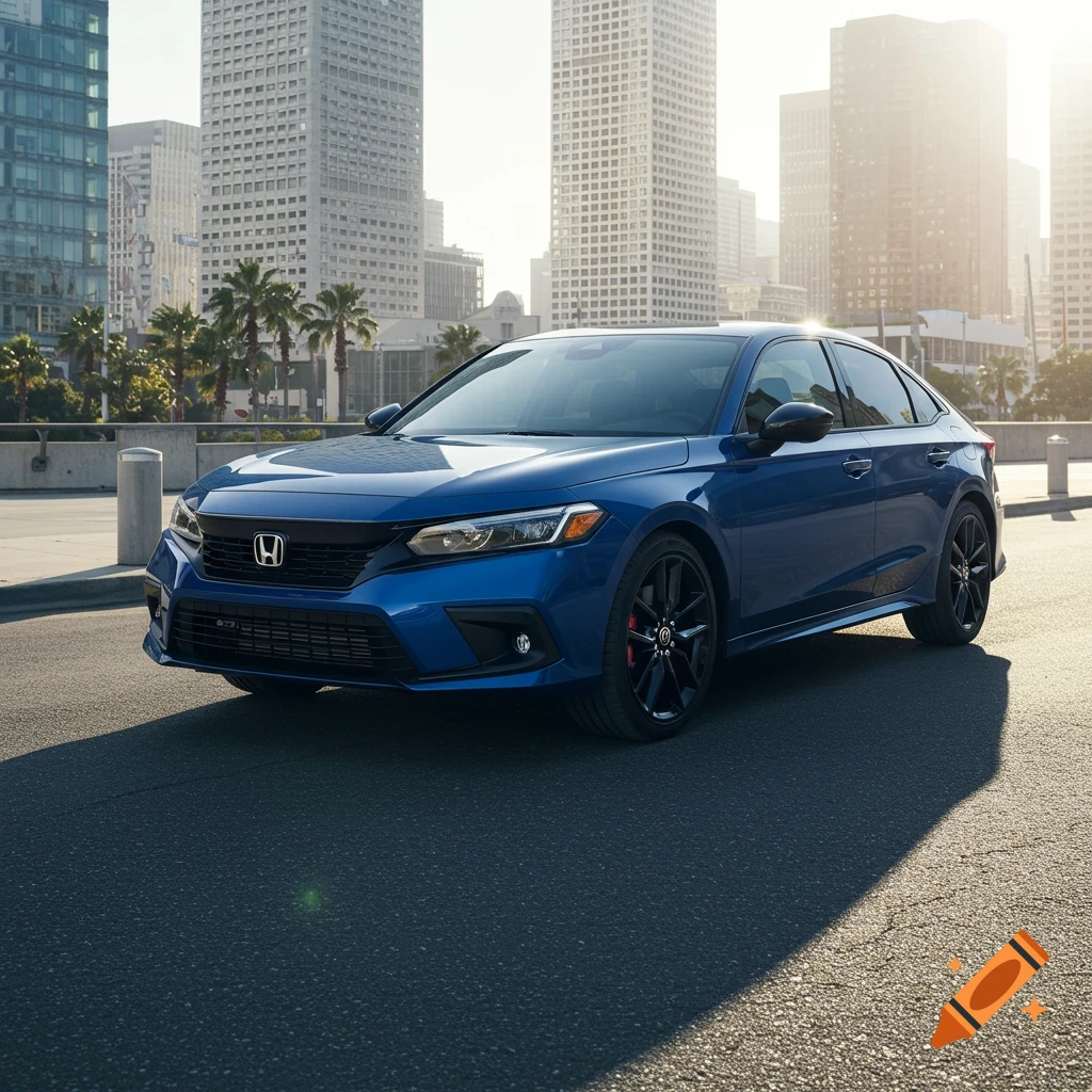 Blue Honda Civic sedan parked on an asphalt road in a city setting with tall buildings in the background.