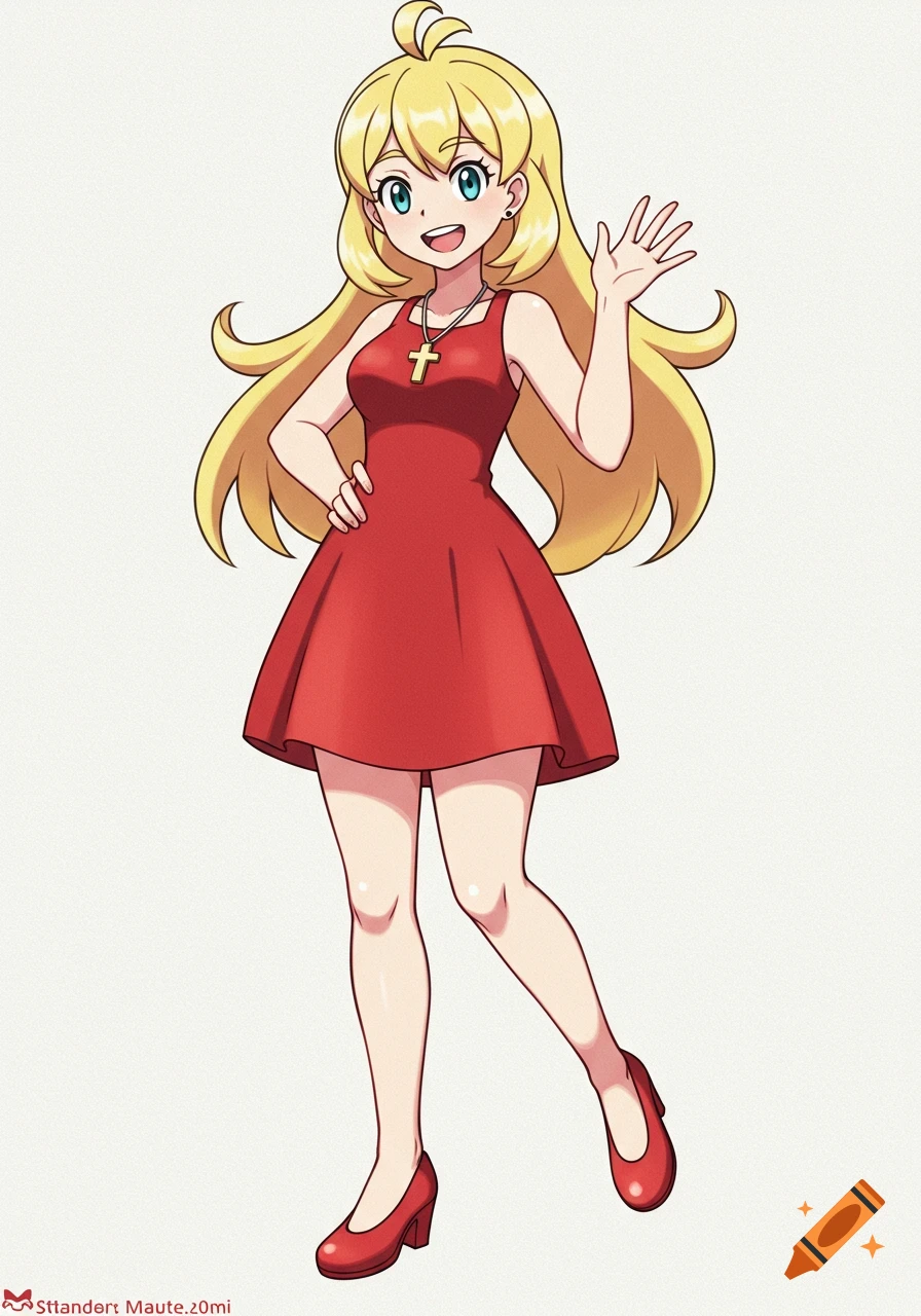 Full-body anime girl with long blonde hair, blue eyes, wearing a red sleeveless dress and red heels, smiling and waving.
