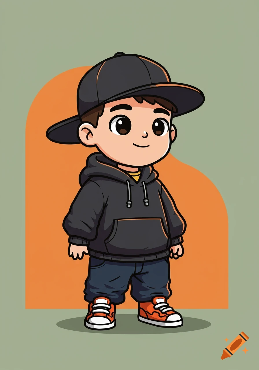 A cute cartoon boy in a black hoodie, blue pants, and orange sneakers, wearing a black baseball cap backwards.