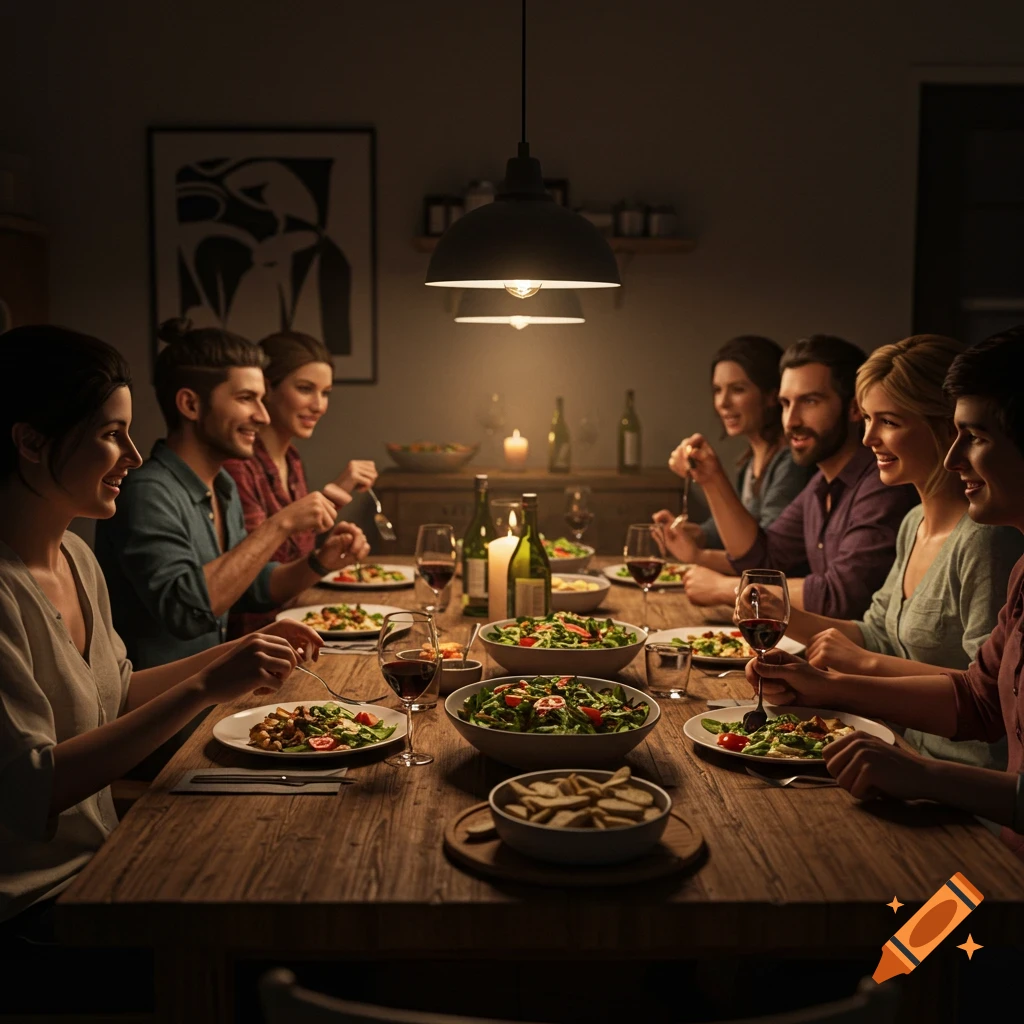 People enjoy a dimly lit dinner party, eating and conversing at a long wooden table.