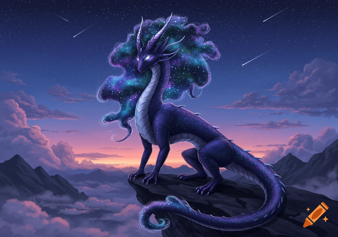 A majestic purple dragon with galaxy-like hair and scales, perched on a mountain peak at twilight, looking out over a cloudy valley.