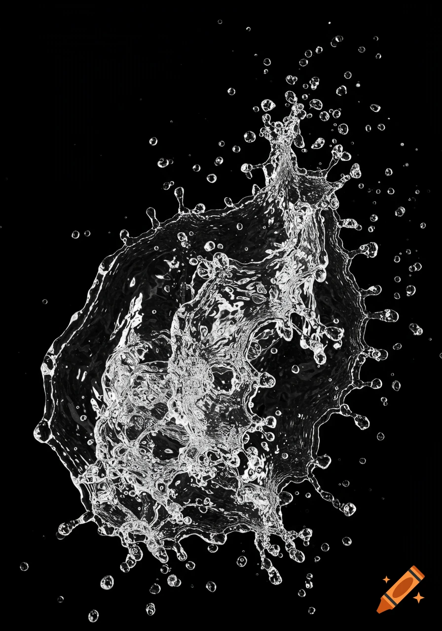A detailed amorphous splash of water with many droplets against a black background.