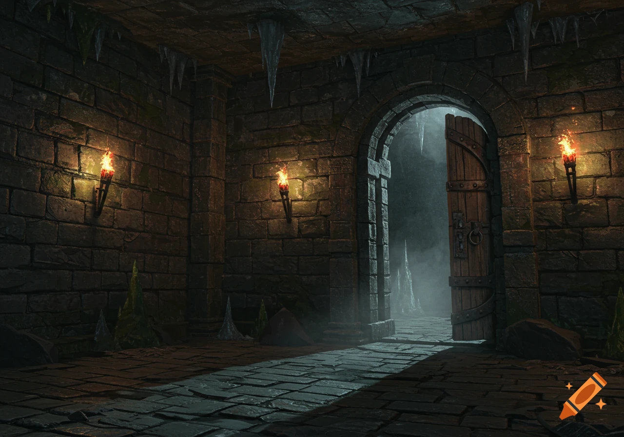 A dark stone dungeon room with lit torches, icicles, and an open arched doorway leading to a misty passage.