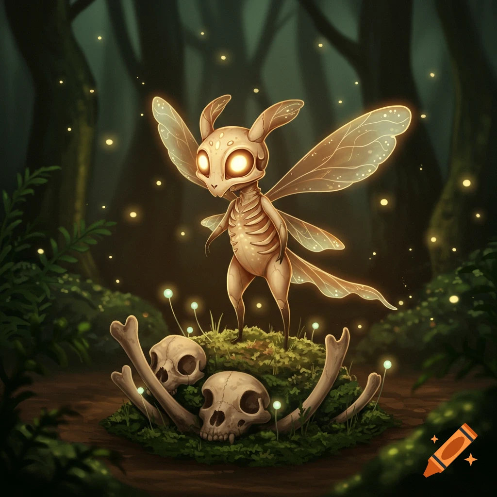 A skeletal fairy-like creature with glowing eyes and transparent wings stands on mossy bones and skulls in a dark, glowing forest.