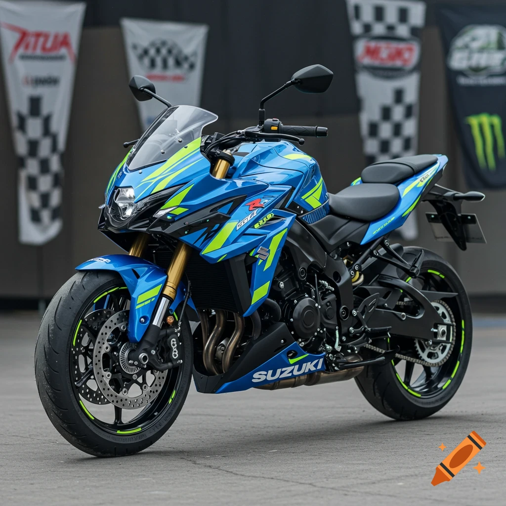 A vibrant blue and neon green Suzuki GSX-S750 motorcycle with a racing-inspired paint job, parked on concrete.