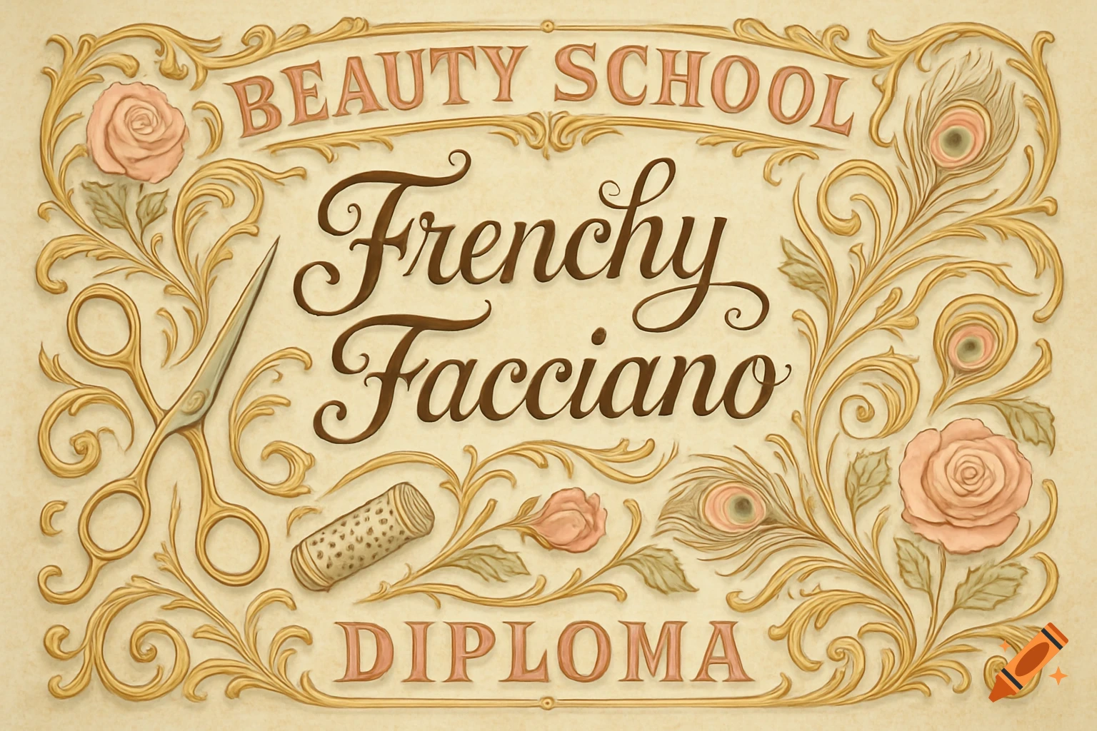 An ornate vintage style diploma for "Frenchy Facciano's Beauty School", featuring roses, peacock feathers, a curling iron, and scissors.
