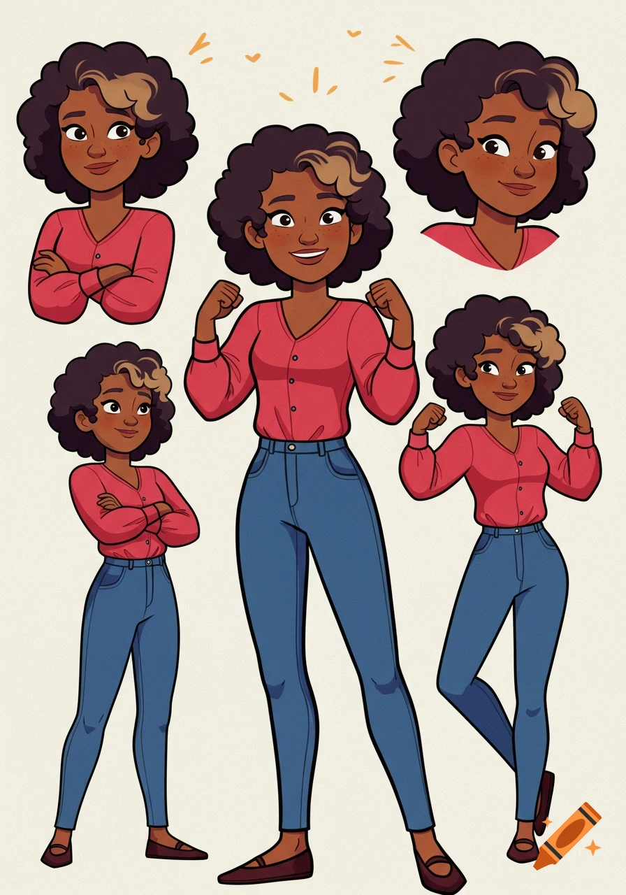 A cartoon model sheet featuring a woman with dark curly hair and a blonde streak, wearing a red shirt and blue jeans, in various poses including flexing her arms and with arms crossed.