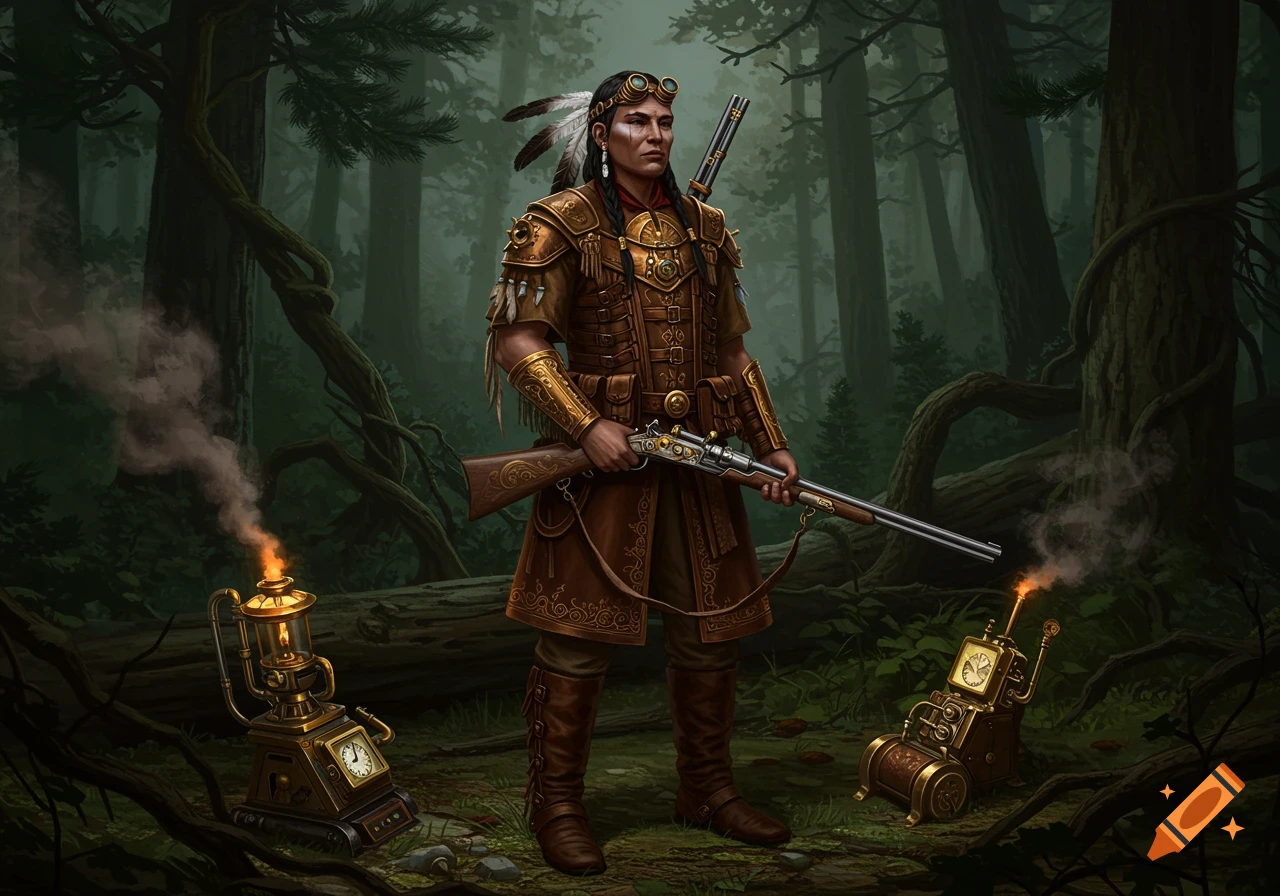 A steampunk Native American man with a rifle stands in a dark forest, flanked by smoking steampunk devices.