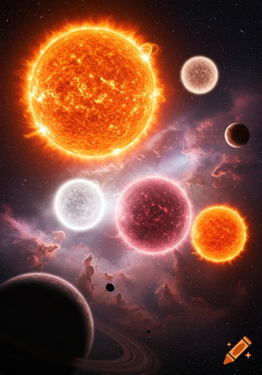 A vibrant cosmic scene featuring five suns and several planets, including one with rings, set against a backdrop of stars and nebulous clouds.