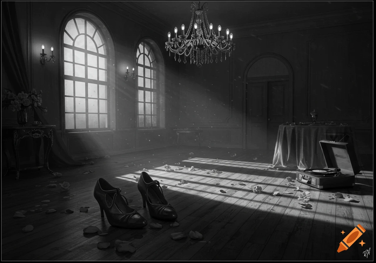 Grayscale image of an elegant, empty ballroom with sunbeams, fallen rose petals, high heels, and a vintage record player.