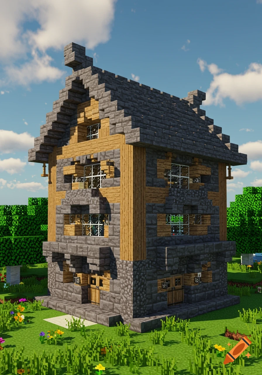 A blocky, multi-story Minecraft-style house made of wood and stone, set in a grassy field under a blue sky.