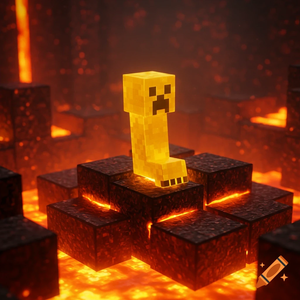 A glowing golden Minecraft creeper on a bed of magma blocks surrounded by lava.