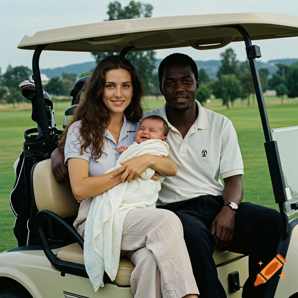 A man, woman, and baby sit in a golf cart on a golf course, smiling at the camera.