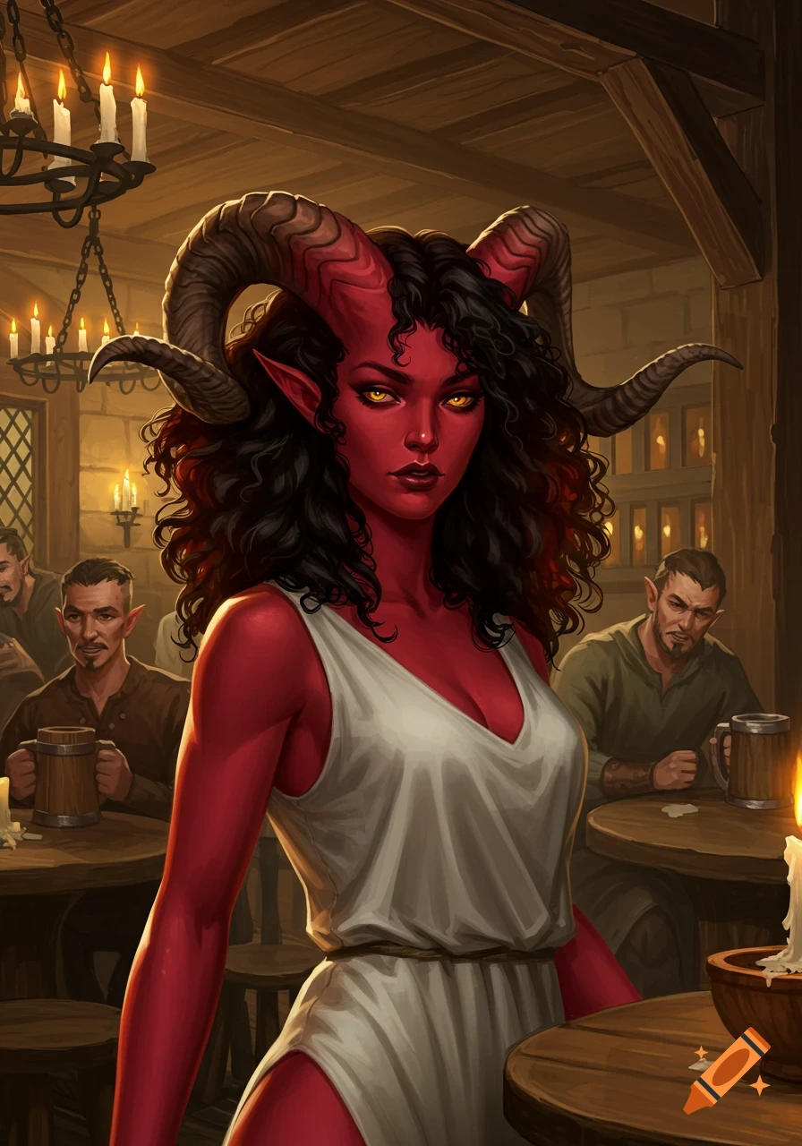 A red-skinned tiefling woman with black curly hair and large ram's horns stands in a candlelit fantasy tavern, depicted in a painting style.