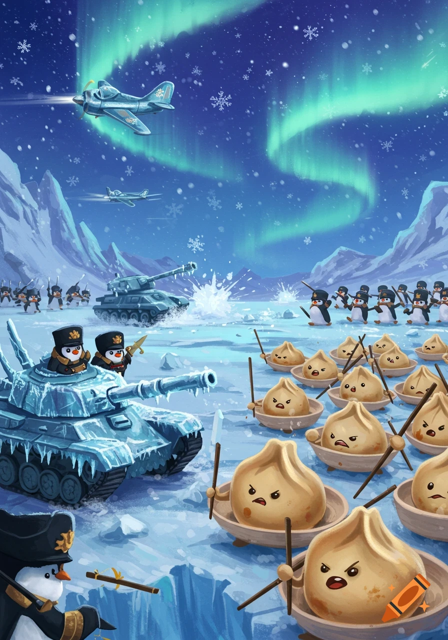 Cartoon army of penguins with tanks and airplanes fighting an army of angry dumplings in a snowy arctic landscape under the Northern Lights.