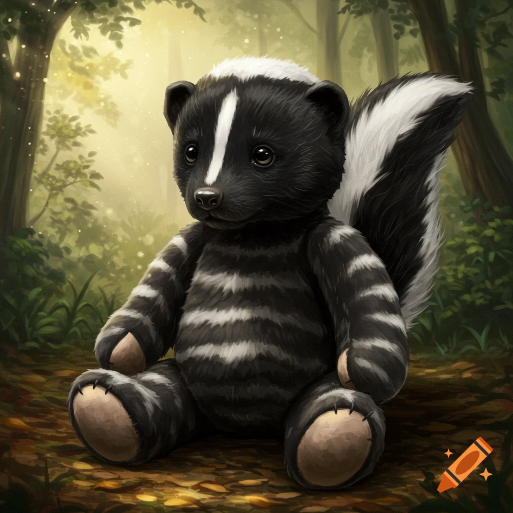 A cute jointed skunk teddy bear with a realistic skunk head sits in a sunny forest.