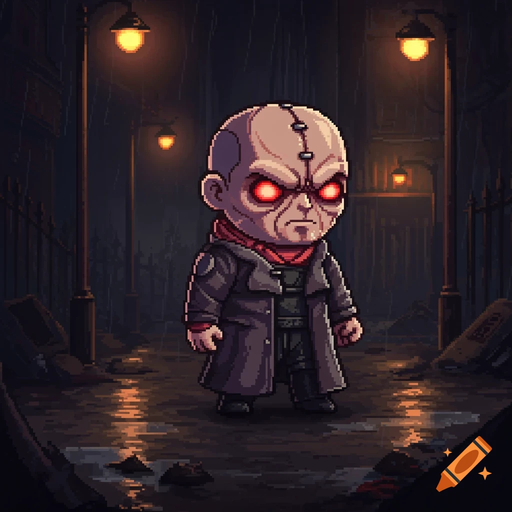 A chibi pixel art Nemesis character with glowing red eyes stands in a dark, rainy alley under streetlights.