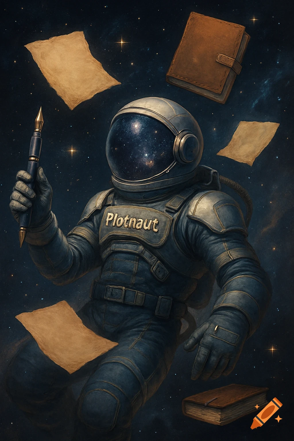 An astronaut floats in space, holding a pen, surrounded by blank papers and books, with 'Plotnaut' written on their suit.