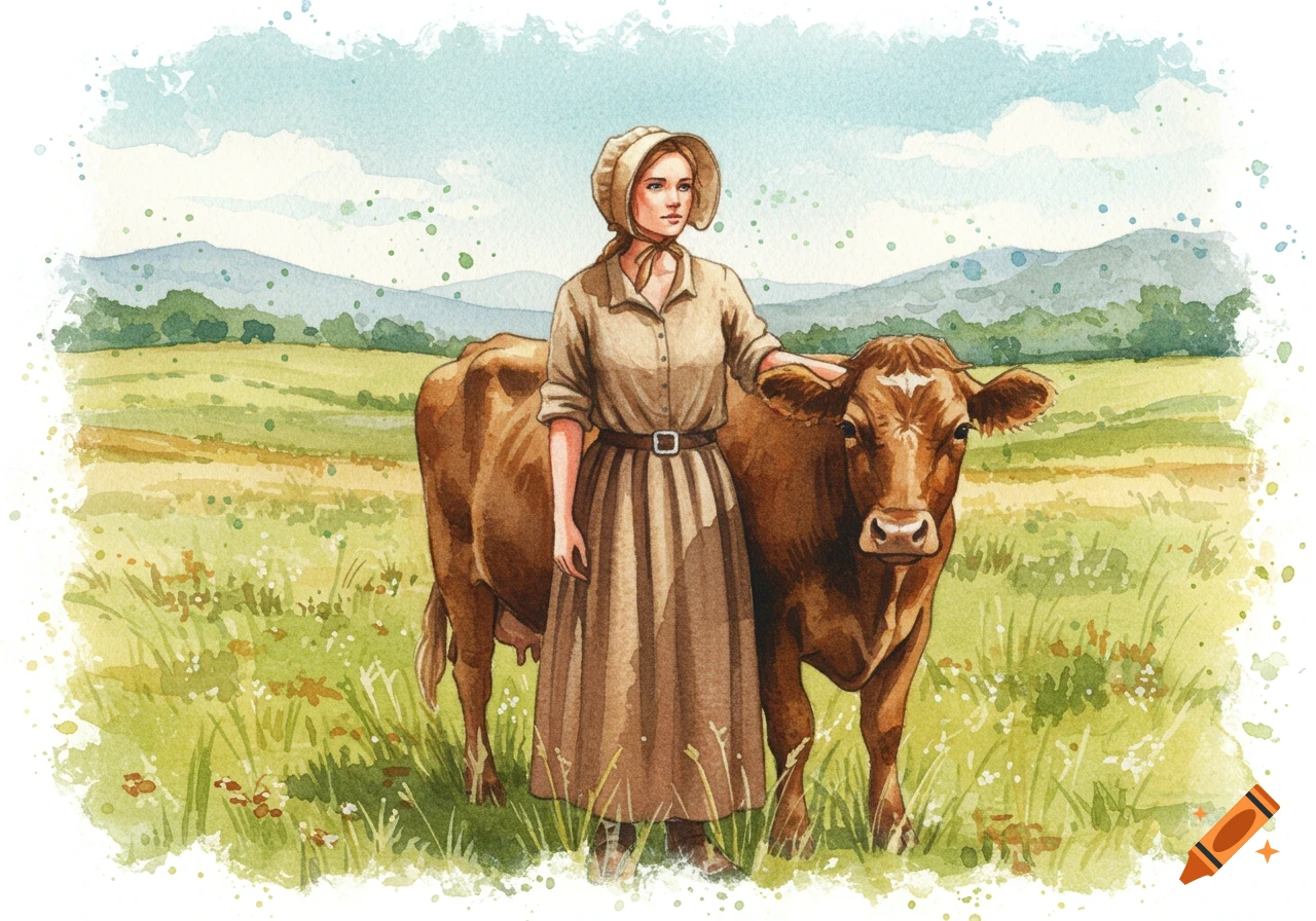 Pioneer woman standing with a brown cow in a green field, painted in watercolor style.