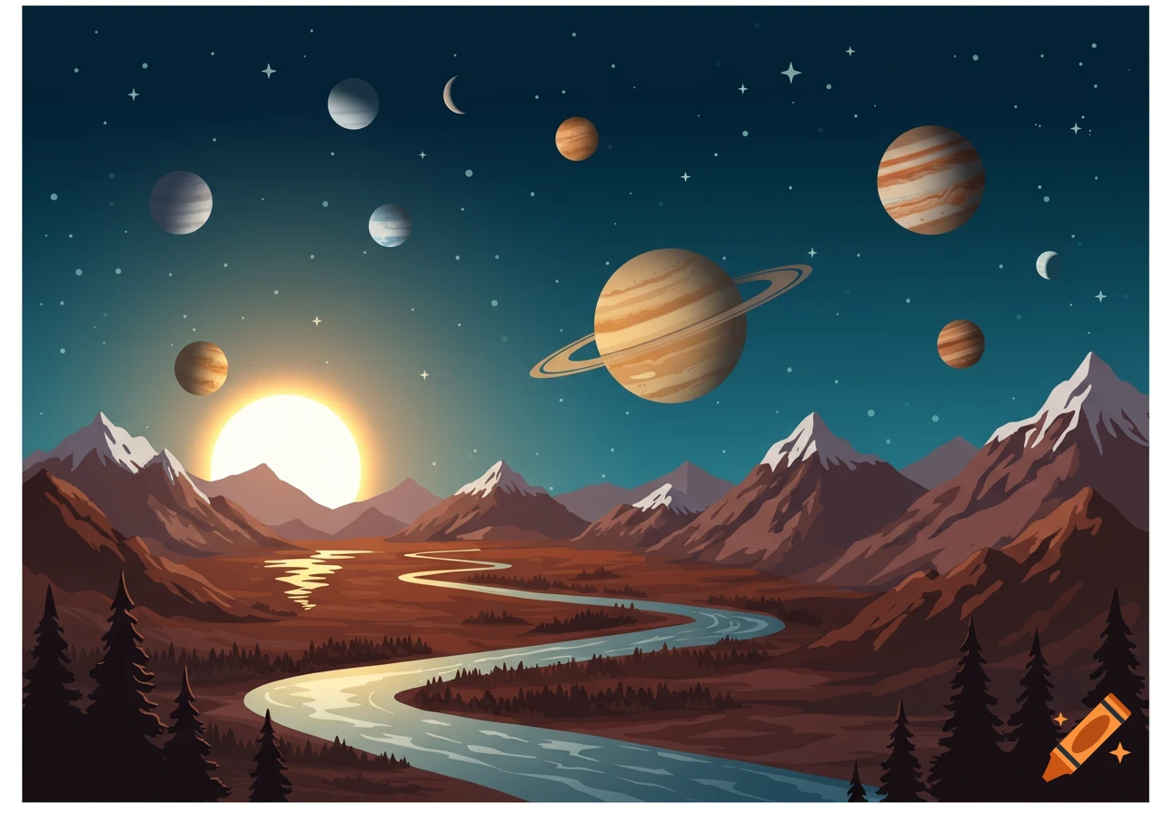 Vector illustration of an alien landscape with a river winding through mountains, a setting sun, and multiple planets in the sky.