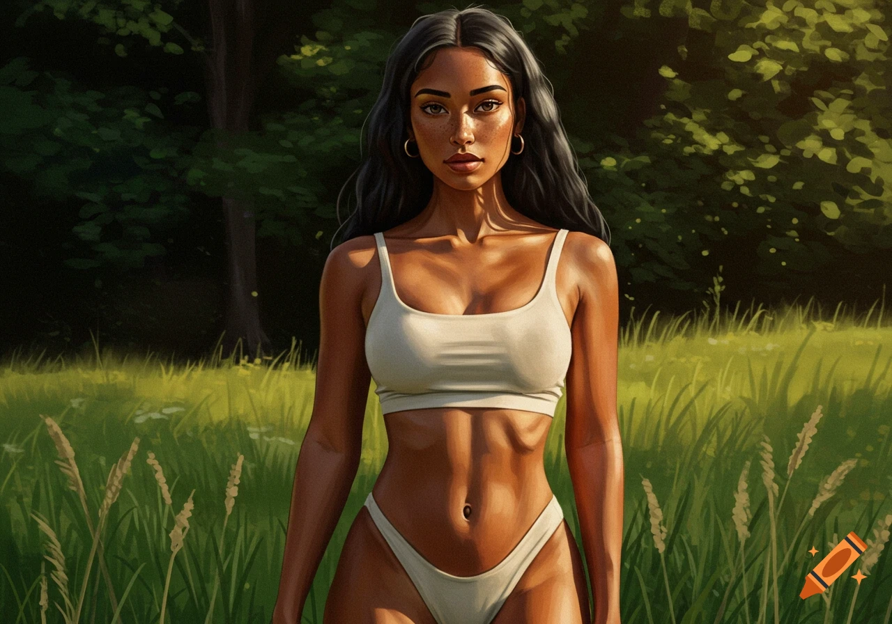 A woman with long dark hair and a toned physique stands in a grassy field, wearing a white sports bra and bikini bottoms, in a digital painting style.