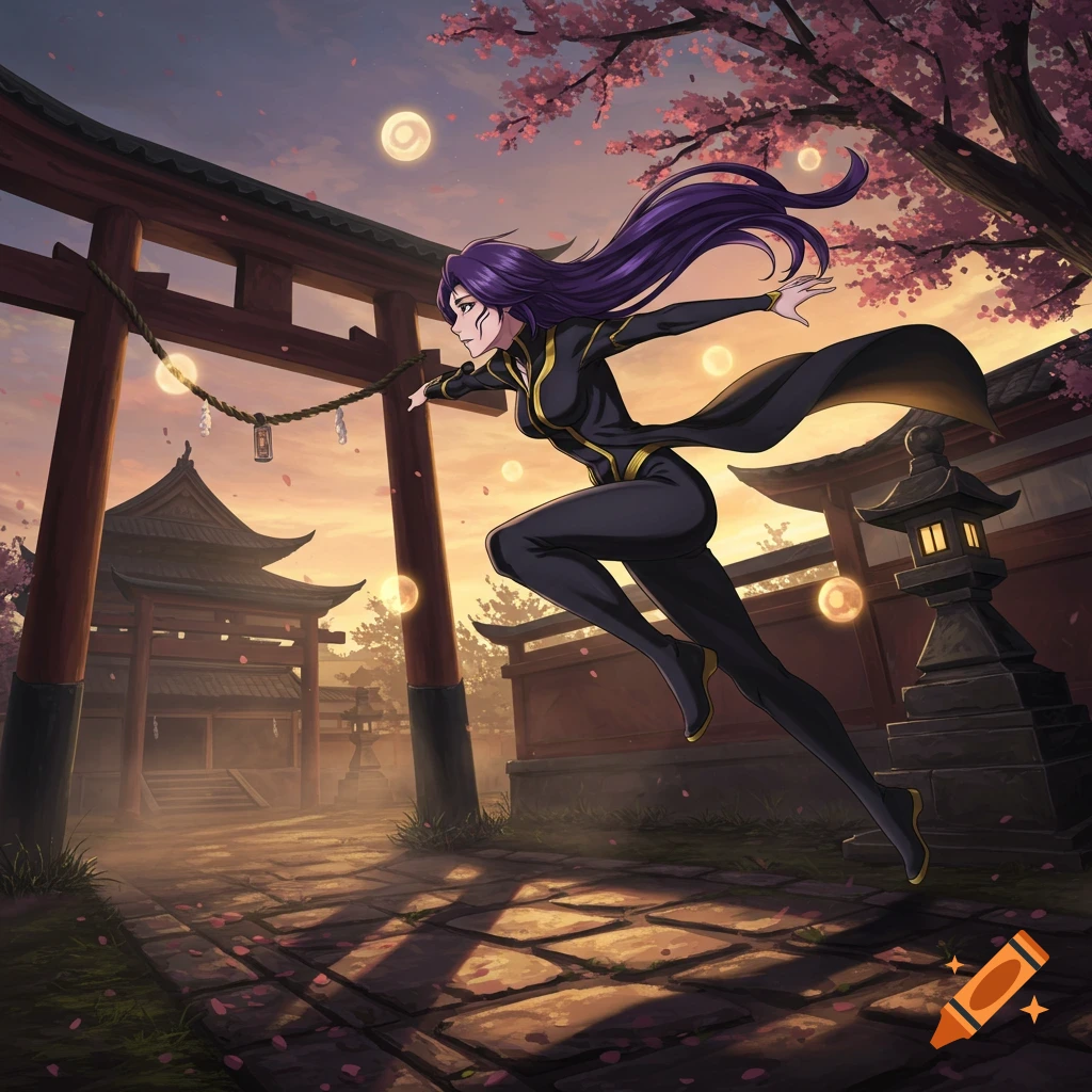 An anime woman with purple hair in a black and gold suit leaps in a Japanese temple courtyard with cherry blossoms and a torii gate at sunset.