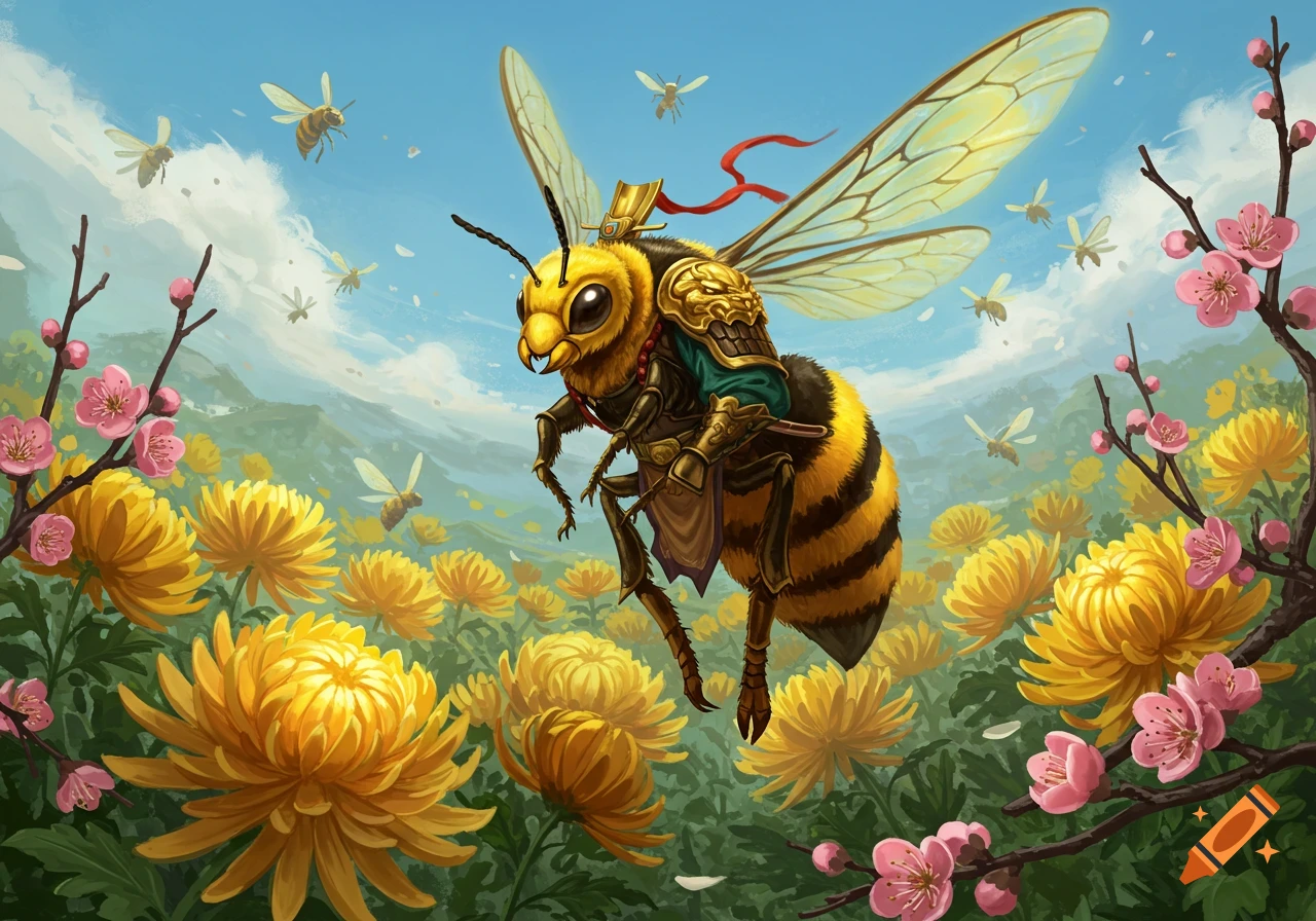 A large, armored bee with golden armor flies over a field of yellow chrysanthemums and pink cherry blossoms in a vibrant illustration.