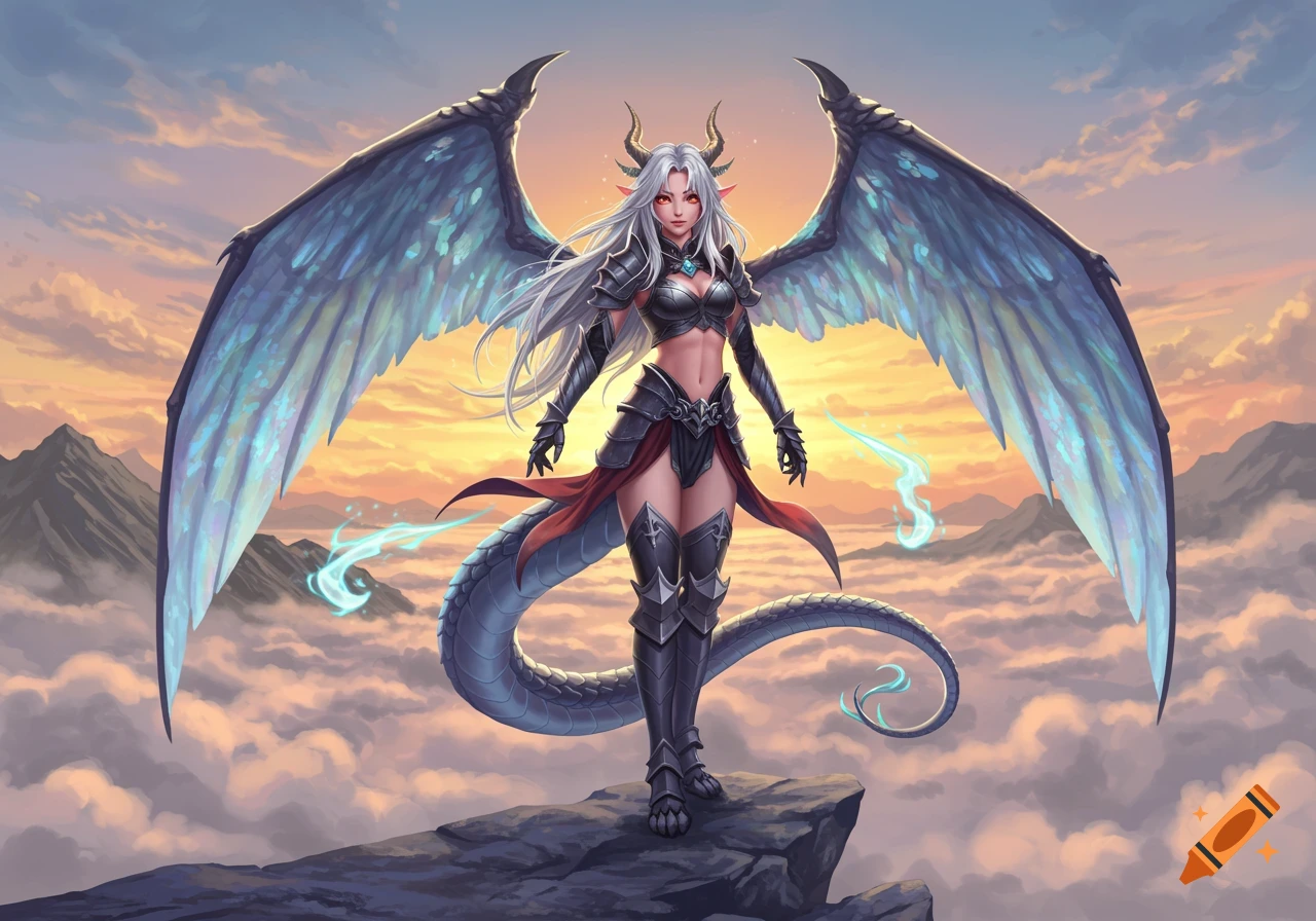 An anime-style dragon girl with white hair, horns, and large blue wings, standing on a rock above clouds at sunset.