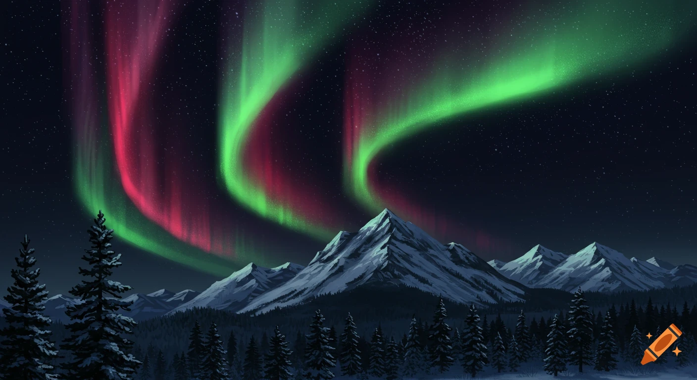 Vibrant red and green Northern Lights illuminate a starry night sky over snow-capped mountains and evergreen trees.