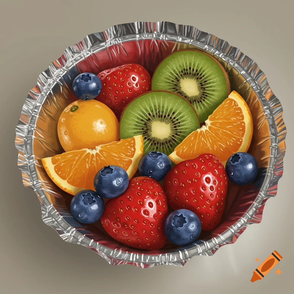 Assortment of fresh strawberries, kiwi slices, orange slices, and blueberries in a crinkled silver foil container, top-down view.